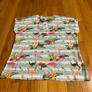 Casual express sz m flamingos rhinestones floral striped blue white top shirt